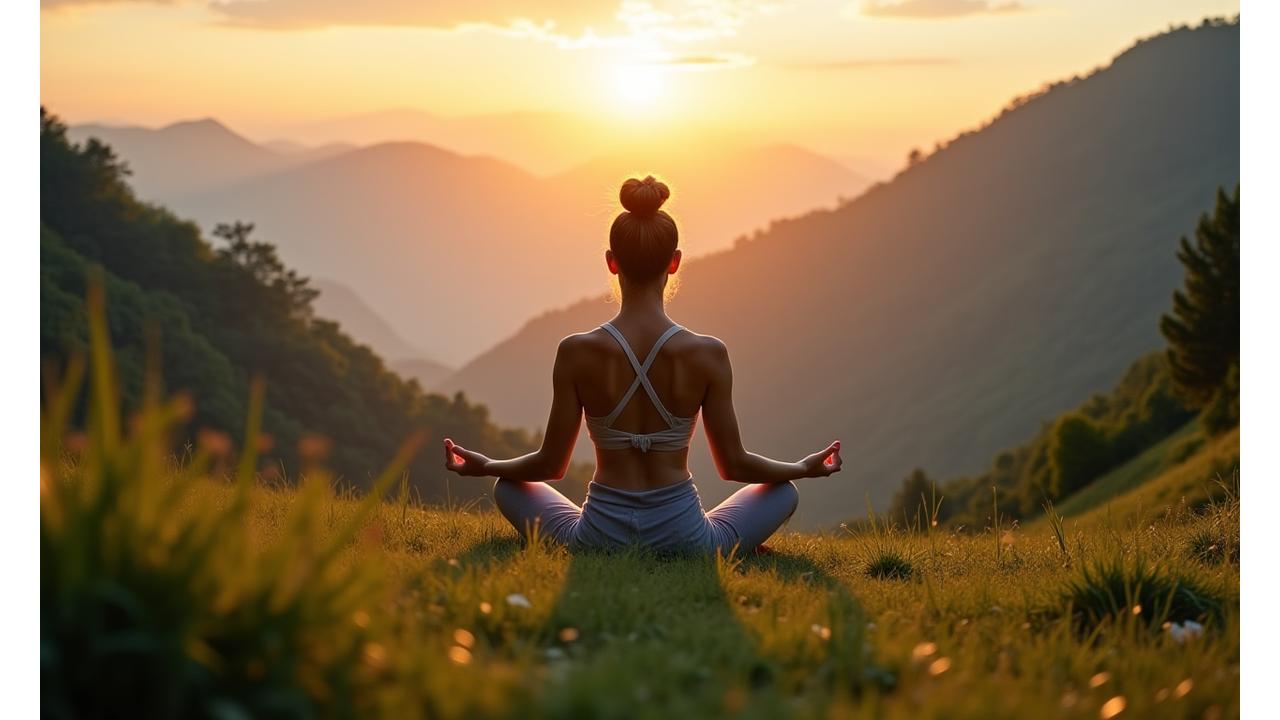 Une femme sereine pratique le yoga au lever du soleil dans un paysage montagneux verdoyant, symbolisant la connexion entre bien-être et nature.
