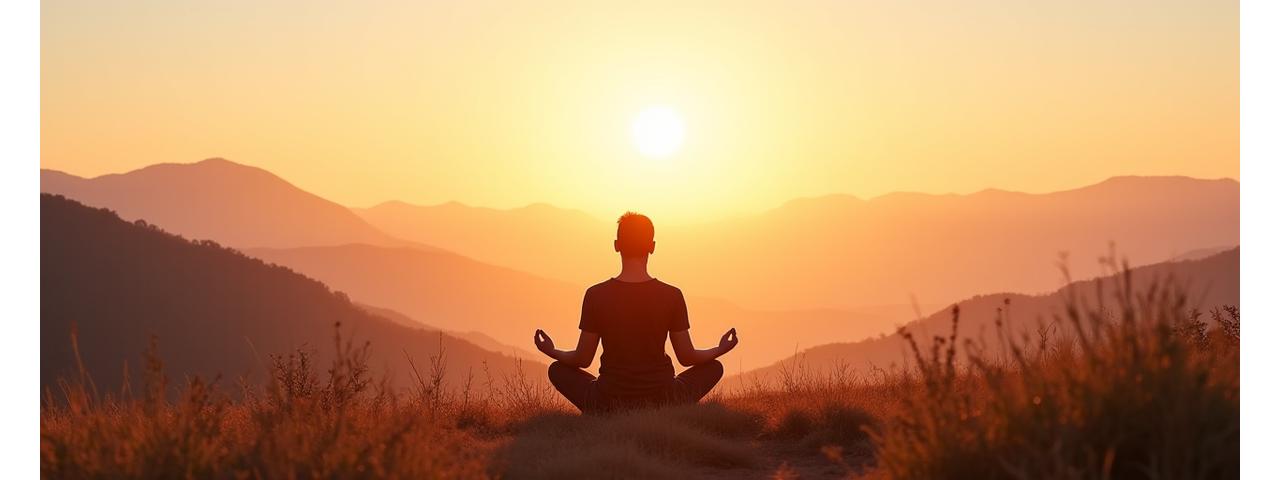 Une personne méditant au lever du soleil dans un cadre naturel serein, illustrant la connexion avec la nature et le bien-être holistique.
